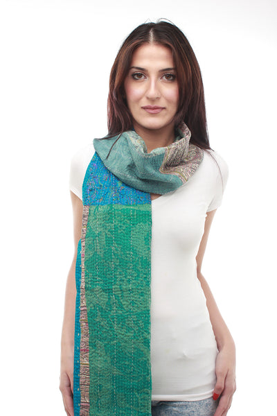 Silk Hand Woven Scarf (Green and Turquoise Blue)