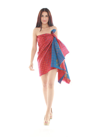 Hand Woven Silk Embroidered Dress Length (Red & Blue)